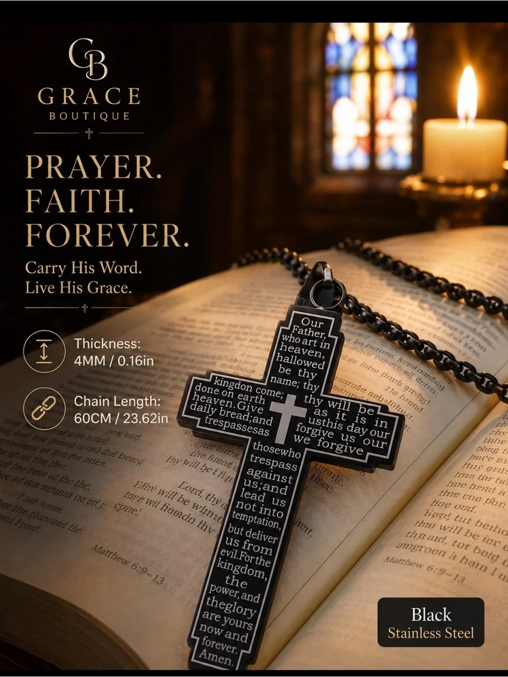 Grace Boutique Black Stainless Steel Cross Necklace